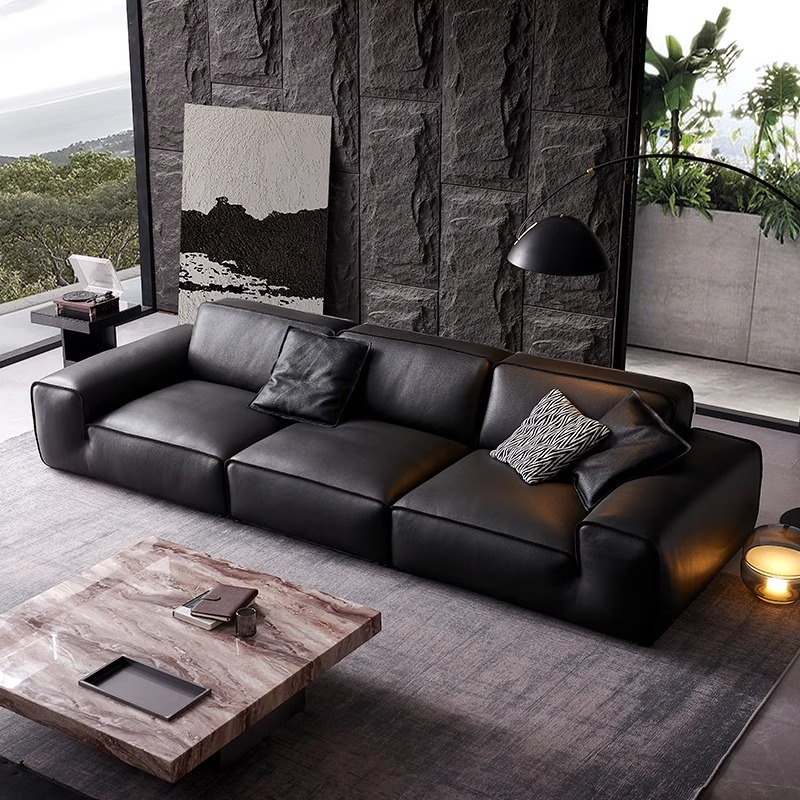 Custom Luxury leather sofa combination leisure suite sofa set living room furniture living room light luxury leather sofa modern sectional big black