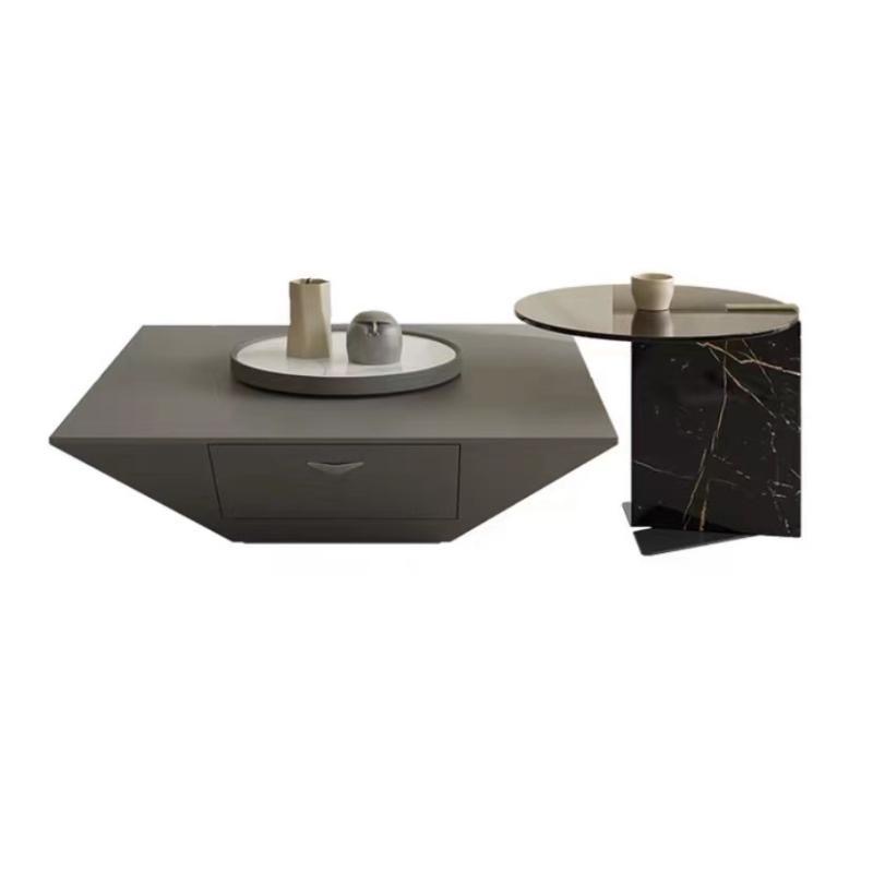 Modern Nesting Coffee Tables Set Mable Base Tempered Glass Top Side Table And Square Coffee Table With Center Round Slate Top