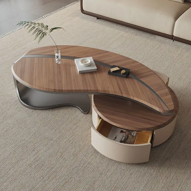 Modern Nordic Leaf Shape Coffee Table with Stainless Steel Base Solid Wood Top and Drawers for Living Room