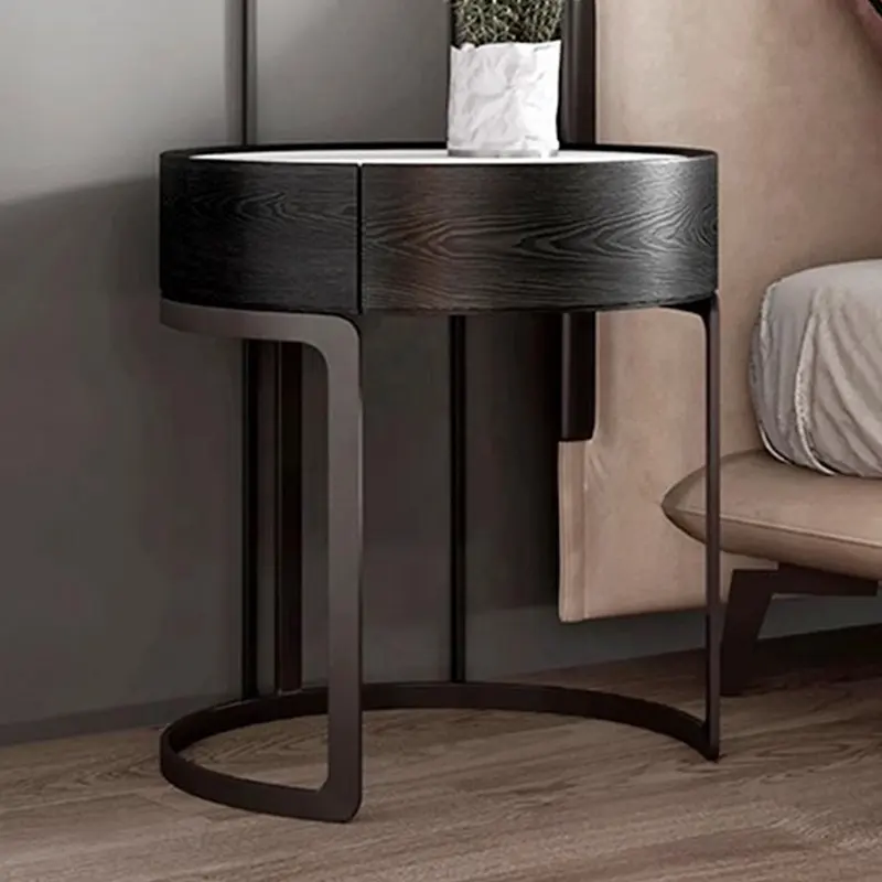 Italian Minimalist Rock Panel Bed Side Cabinet Bedroom Round Nightstand Smoky Color Single Drawer Locker