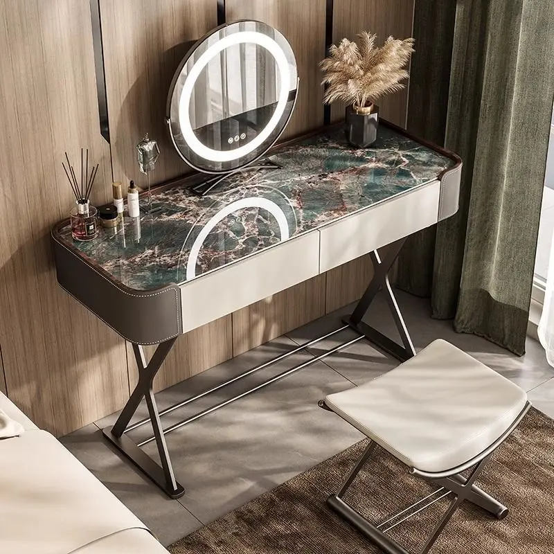 Italian Light Luxury Slate Small Bedroom Dresser with Storage Cabinet Modern Leather And Metal Frame Makeup Table